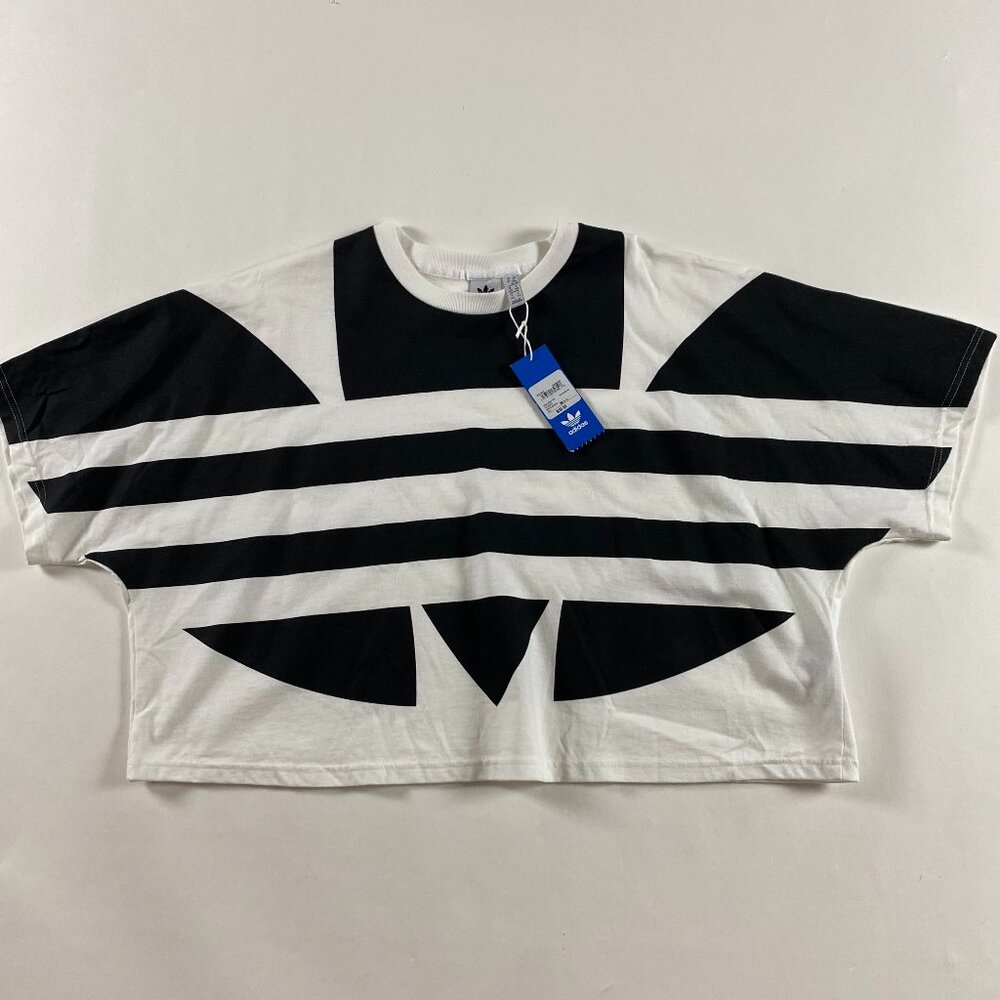 Adidas Originals Large Logo Tee T Shirt Womens XL White Black Cropped Trefoil